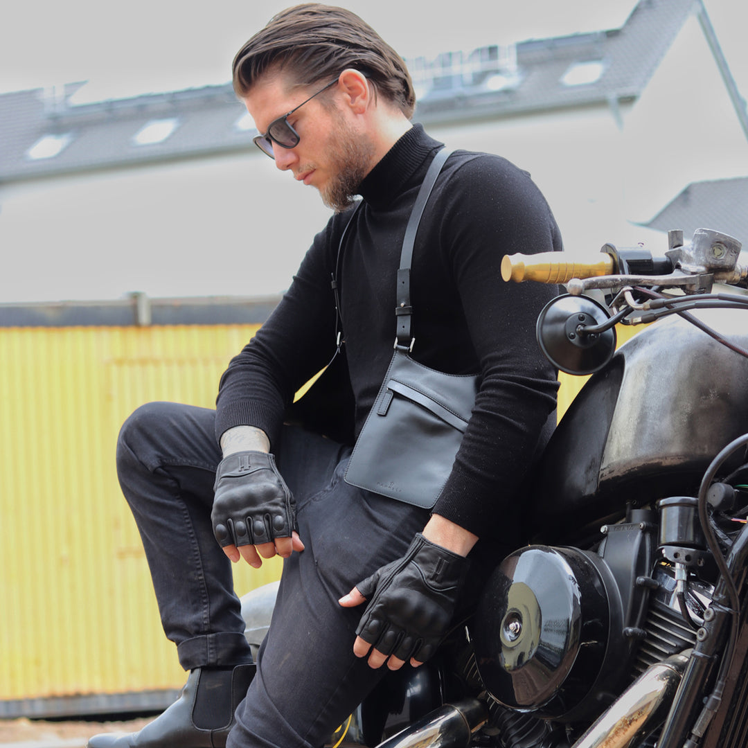 Harssidanzar Mens Fingerless Half Finger Goatskin Leather Motorcycle G