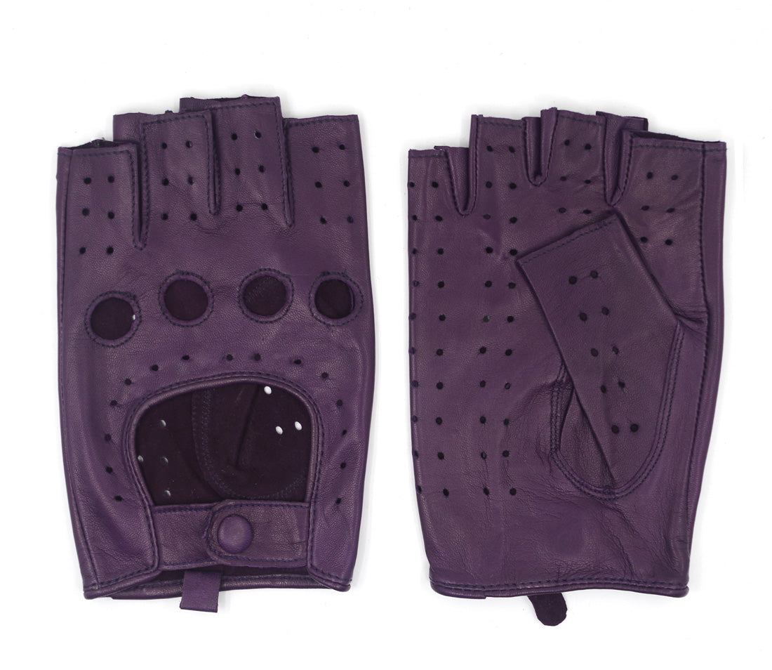 Two Tones Fingerless Leather Gloves, Driving Gloves - Lavender and Black Color - Italian Lambskin Leather